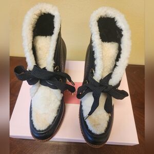 Kate Spade NY Sandy Black Leather Shearling Ankle Wedge Booties - Size 7